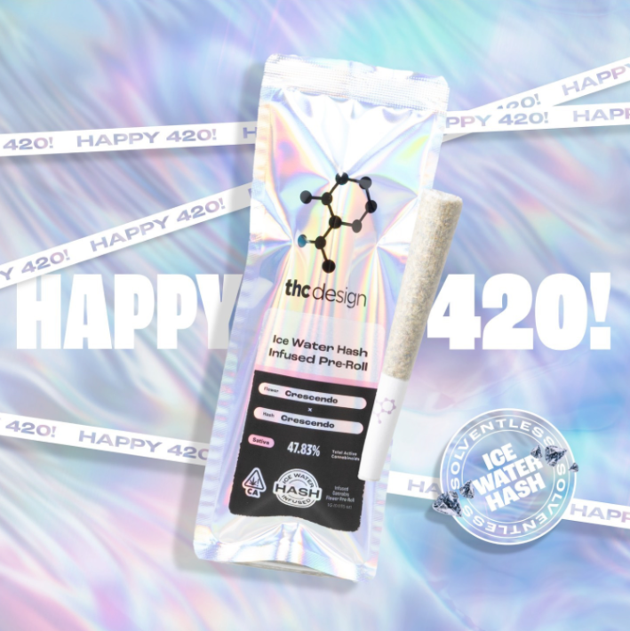 THC Design's ice water hash infused pre-roll and its metallic packaging with a "Happy 420!" repeated in the background.